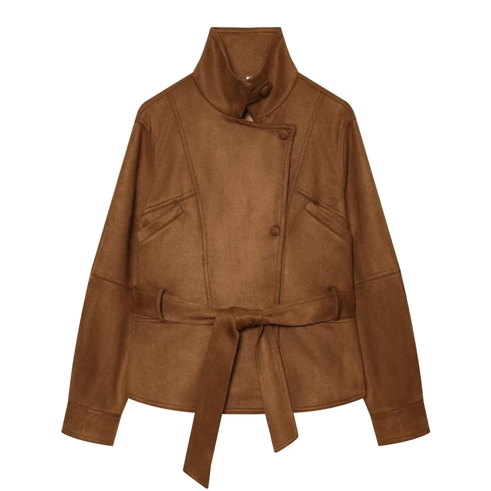 Fashionable Snug Suede Jacket Waist-Cinching Stand Collar Belted Short Women's Baseball Jacket Polyester Fabric Autumn 2026