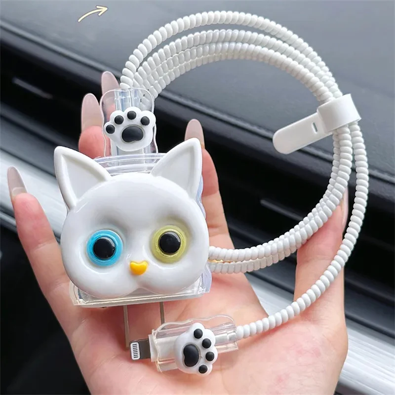 Korea Cartoon Cute 3D Cat Cat Paw Charger Cover For IPhone 11 12 13 14 18/20W Transparent Charge Protection Cover Charger Sleeve