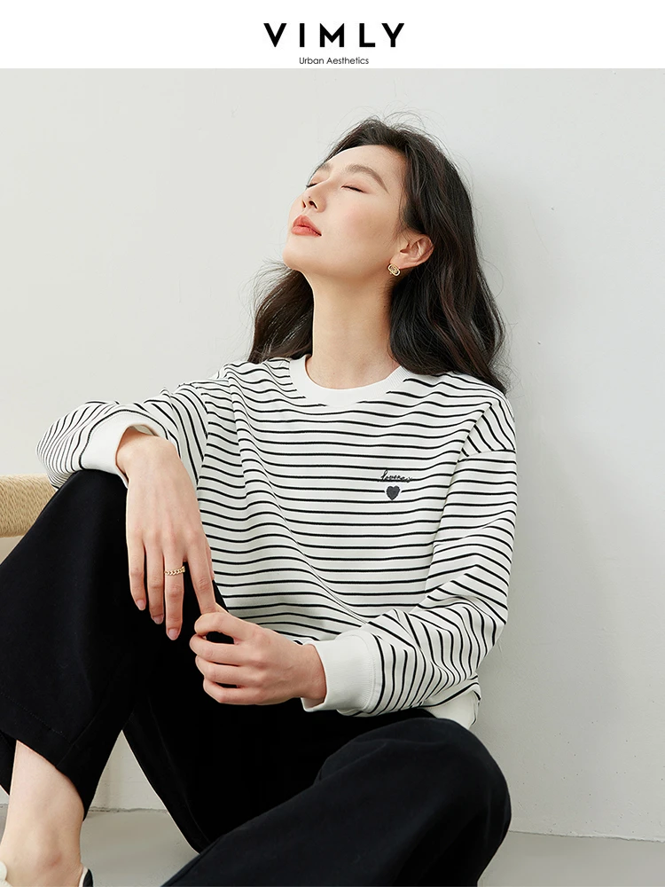 Vimly Striped O-neck Loose Sweatshirts Women 2024 Spring Short Embroidery Drop Sleeve Top Casual Lazy Style Pullovers M6021