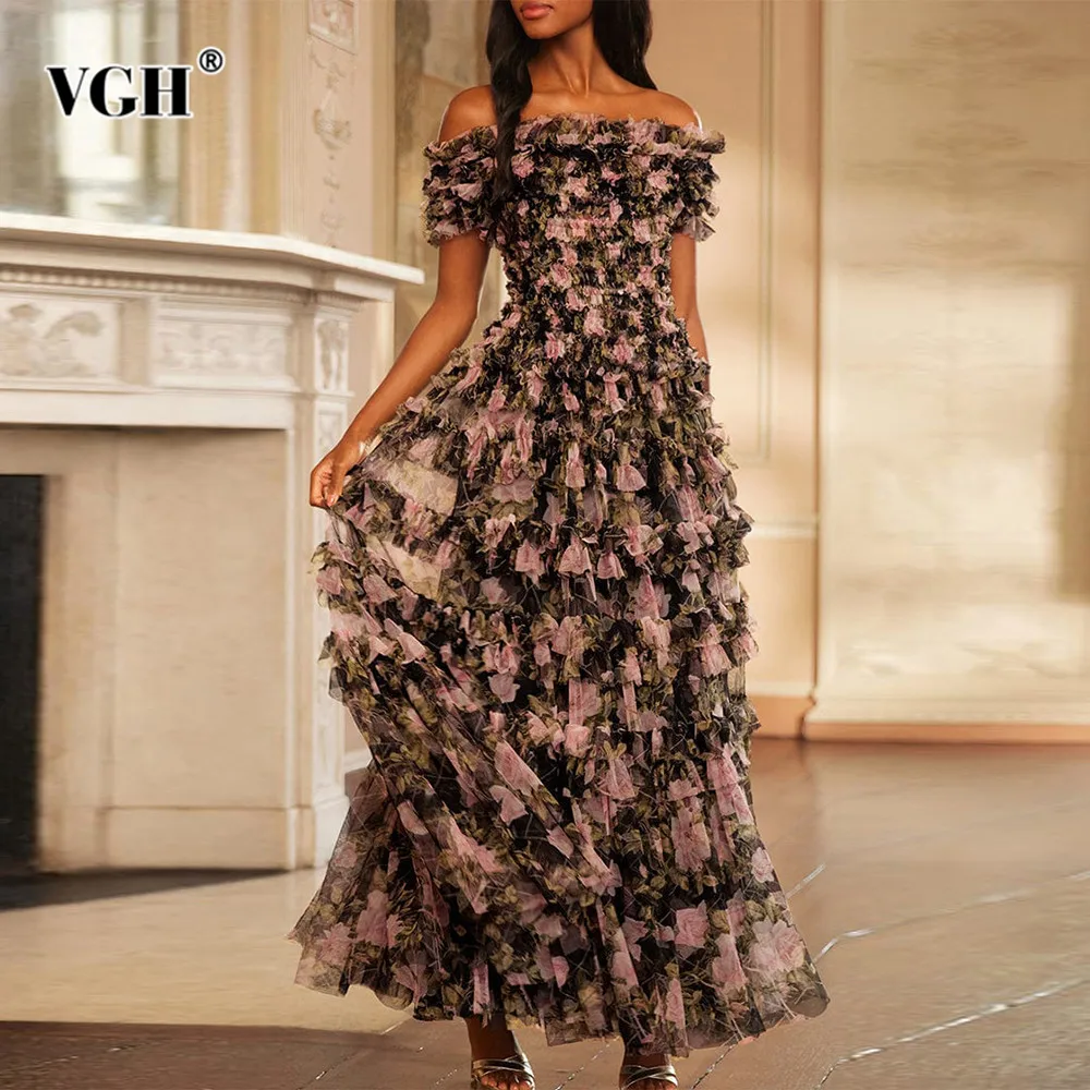 

VGH Hit Color Floral Printing Mesh Dress For Women Slash Neck Short Sleeve Backless High Waist Temperament Dresses Female New