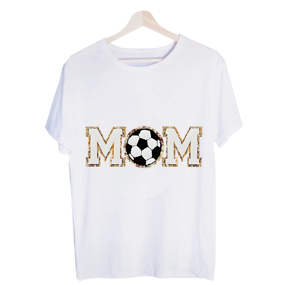 Mom's Soccer Ball Letter Print Graphic Tee, Short Sleeve Casual T-Shirt for Sports Events and Daily Wear