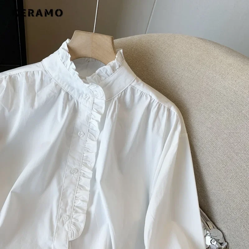 Casual branco elegante manga longa turn-down colarinho cor sólida camisas largas 2025 primavera feminino fino escritório senhora básico blusa