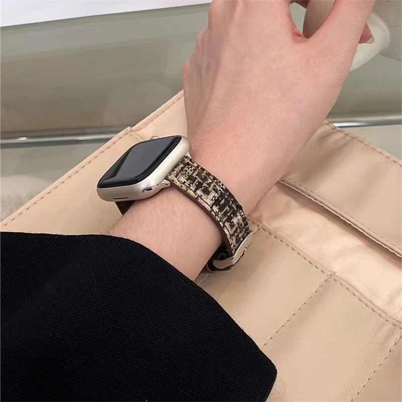 Autumn Winter Plaid Wool Thin Band For Apple Watch Band 41mm 38mm 40mm Wrist Slim Leather Strap For iwatch Series 8 7 6 5 4 3 SE