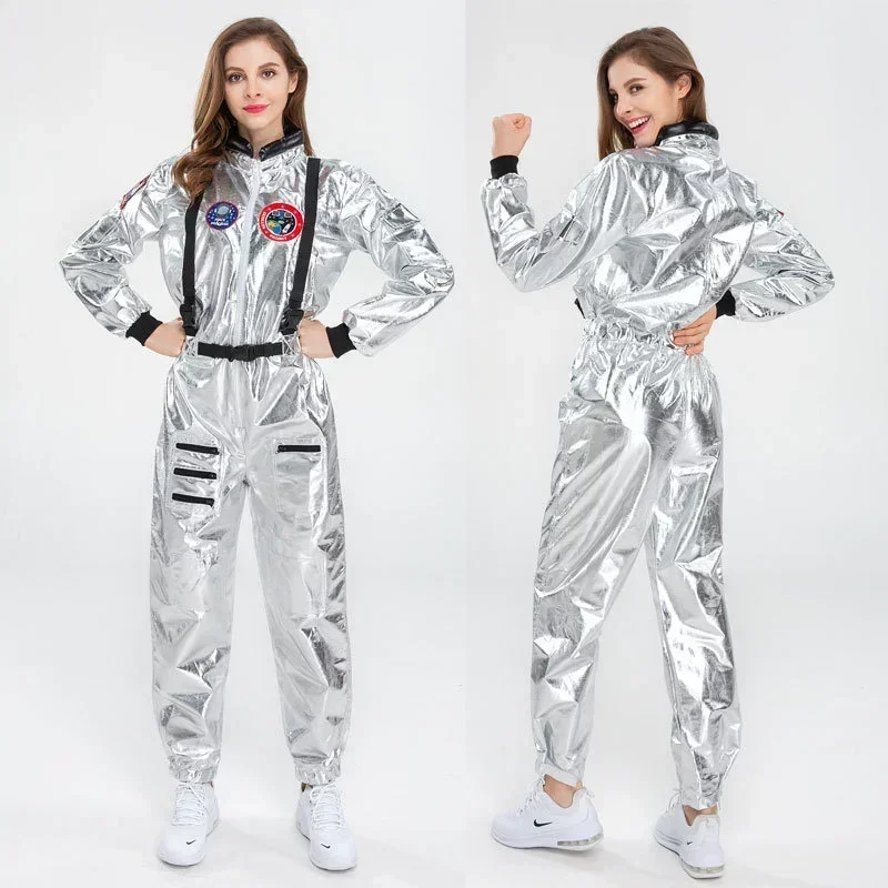 

Adult Silver Astronaut Costume Sunglasses Handsome Set Flight Jumpsuit Halloween Men Women Role Playing Party Dress Up Anime New