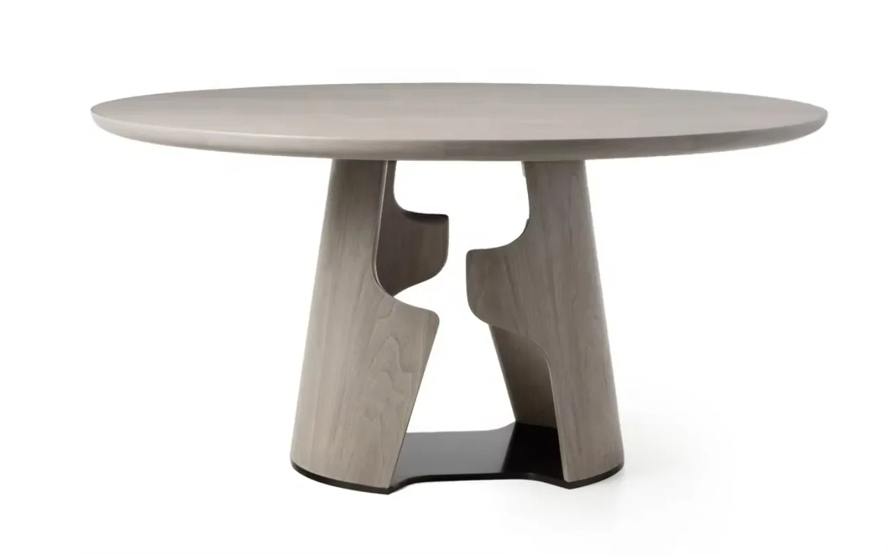 Accent round tabletop wooden dining table art design wooden base with metal baseplate restaurant