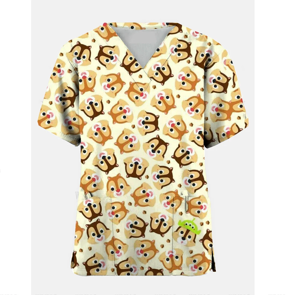 New Women\'s Nurse Hospital Surgical Uniform Tops Disney Monster Power Company Print V Neck Short Sleeve Nurse Clothes Scrub Top