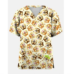 New Women's Nurse Hospital Surgical Uniform Tops Disney Monster Power Company Print V Neck Short Sleeve Nurse Clothes Scrub Top