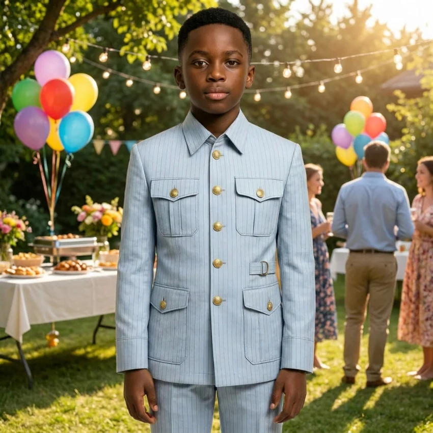 Stripe Safari Boys Suit 2 Pieces Kids Set Slim Fit Wedding Tuxedo Functional Pocket Graduation Single Breasted Jacket Pants