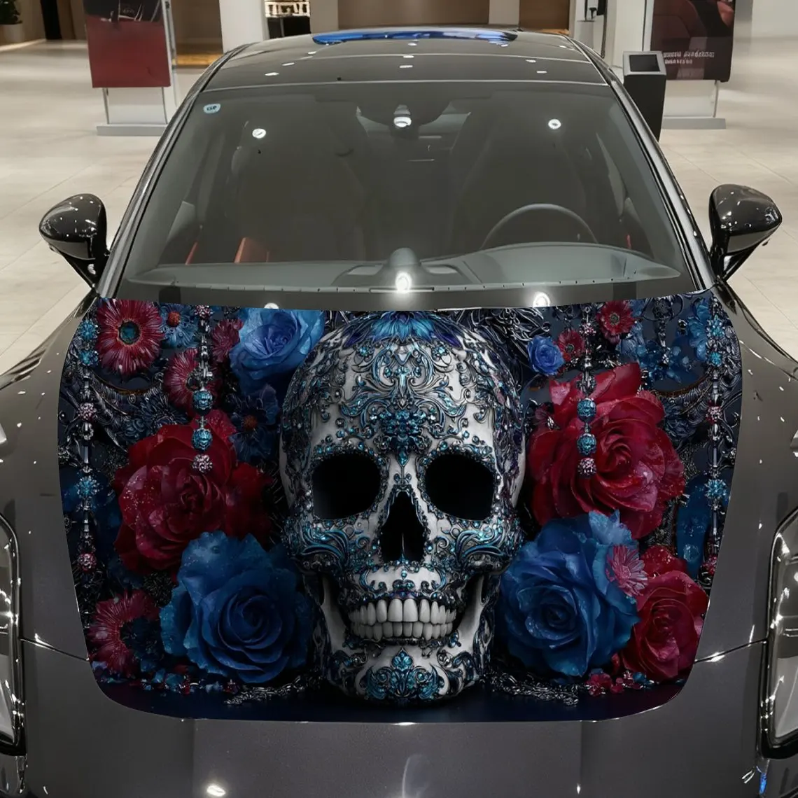 

Blue Rose Diamond Skull Car Vinyl Wrap, PVC Material Waterproof Car Hood Sticker, Self-Adhesive Scratch-Resistant Stickers for E