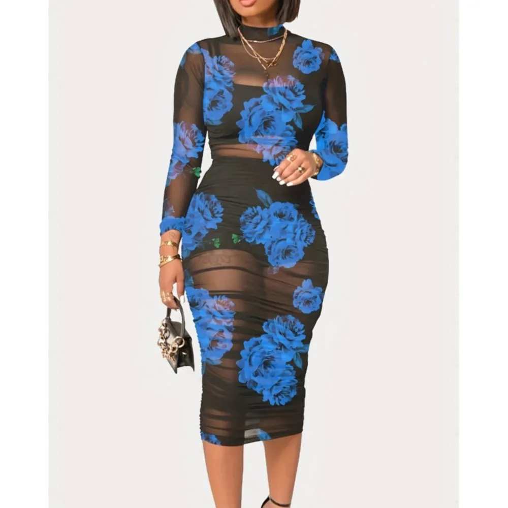 

Fashion Vintage Print Sexy Lace Mid Length For Women's Dresses Suit Summer New Slim Elegant Female Three Piece Dress
