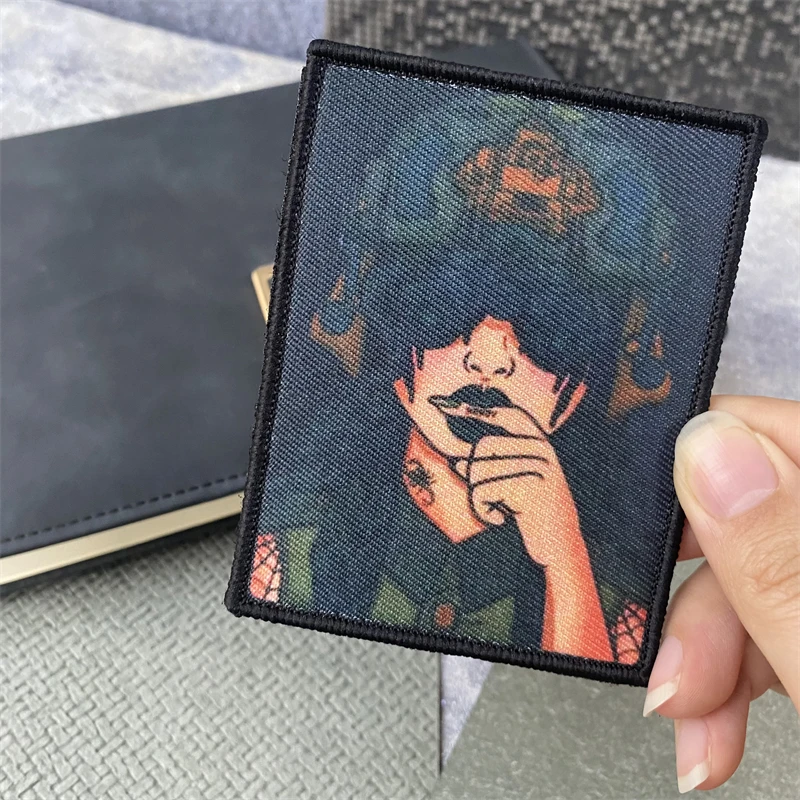 

'Tattooed Military Girl' with NVG Morale Tactical Patch Skull Sickle Badge Armband Hook and Loop Outdoor Backpack Hat Sticker