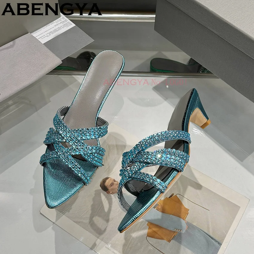 

Summer Kitten Heels Women's Slippers Shiny Rhinestone Slides Point Toe Ladies Vacation Slippers Dress Shoes Women's Sandals