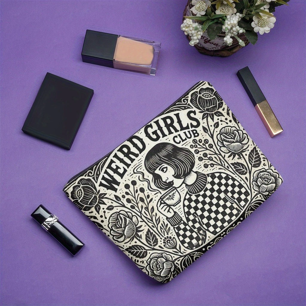 Chic Gift Weird Girls Club Makeup Bag Vintage Floral Checkered Design Zipper Cosmetic Pouch for Travel Toiletries Storage Bag