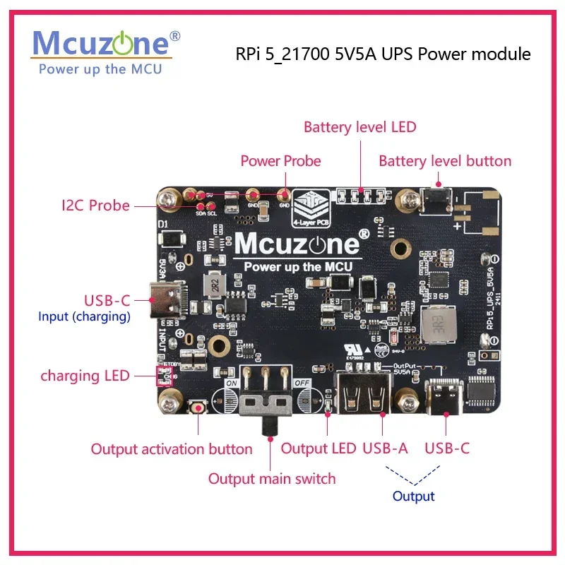 Raspberry Pi 5 5V5A UPS Power Module Output USB-C with PD Negotiation Function