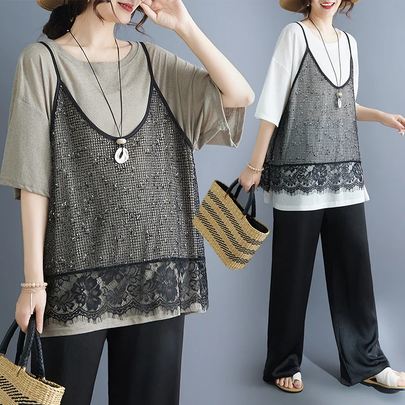 

Fashionable Lace Sleeveless T-Shirt Set Large Size High End Women's Clothing Commute Style Artistic Edition Thin Material