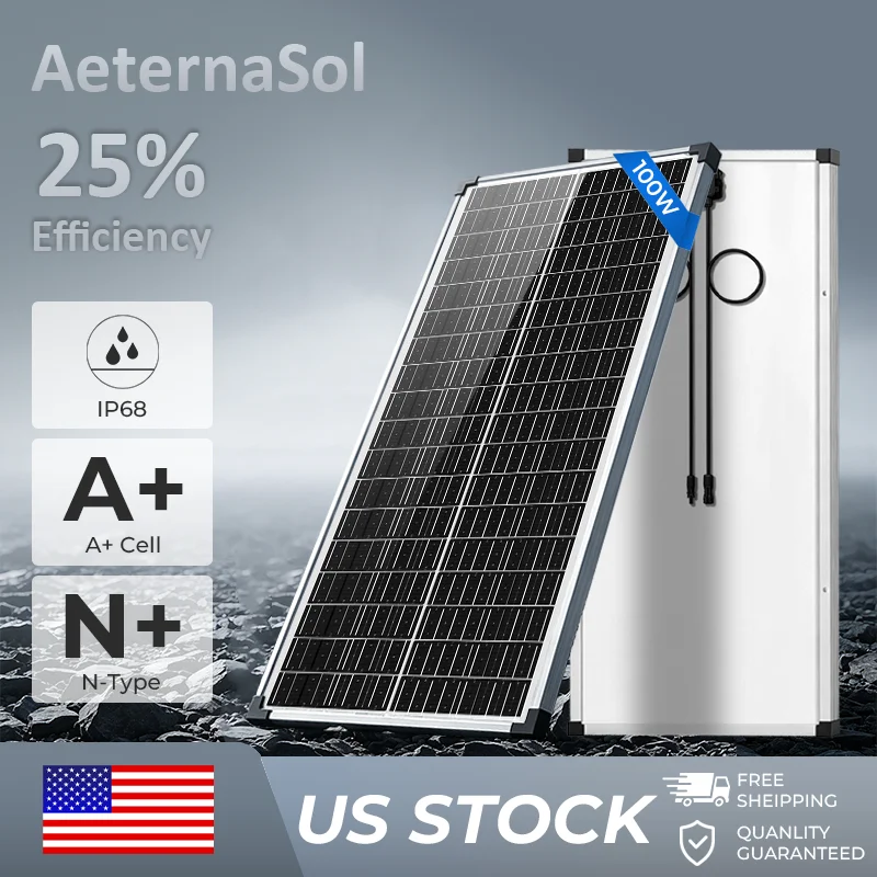 (US Stock 2-5 Days) AeternaSol 100W Solar Panel 18BB Monocrystalline IP68 PV Module 12V 24V Battery Charger for Home Residential Shed Garage Rooftop Cabin Farm Barn Off Grid Solar Power System Outdoor RV Boat Marine Camper Camping Emergency