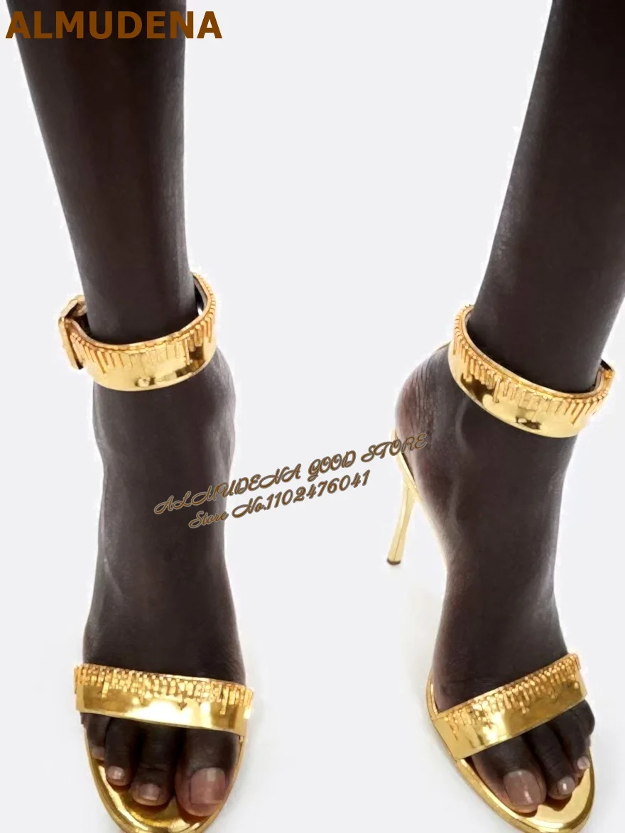 Gold Metal Studded Decoration Thin Stiletto Heel Sandals Sexy Women Ankle Wrap Strap Shoes Golden Metal Embellished Heels