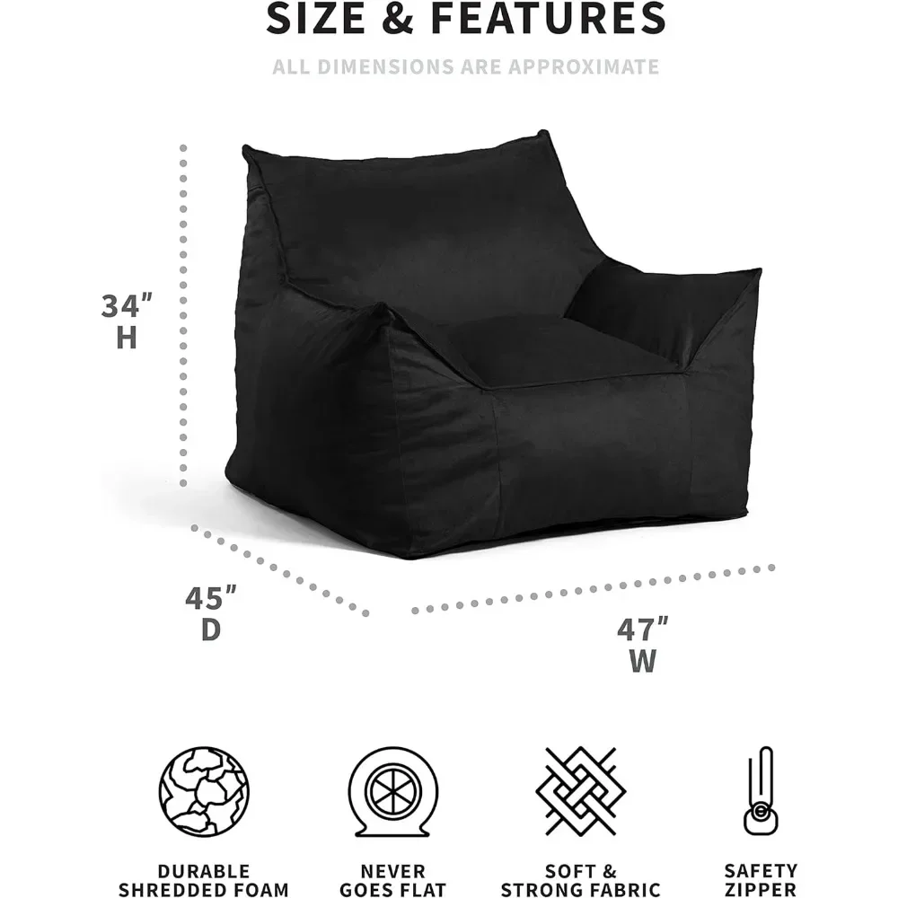 Beanbag sofa, foam chair, black plush, filled with soft and durable crushed foam, beanbag sofa chair