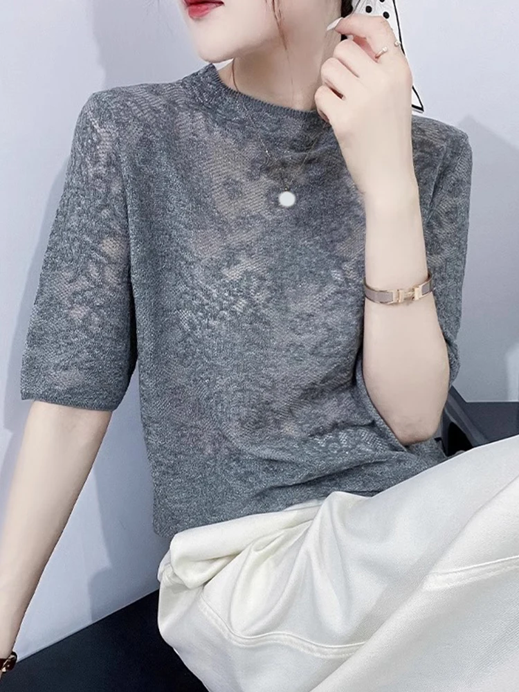 

Легкий дышащий кружевной вязаный летний повседневный свободный утягивающий топ ort Sve, удобный трикотаж, круглый Ne