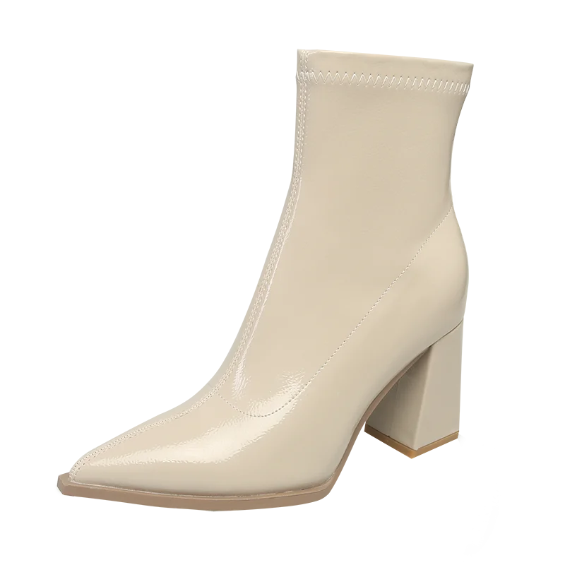 الشتاء براءات الاختراع والجلود النساء حذاء من الجلد موضة أشار تو الجوارب القصيرة ساحة عالية الكعب أحذية الحفلات مضخات #6