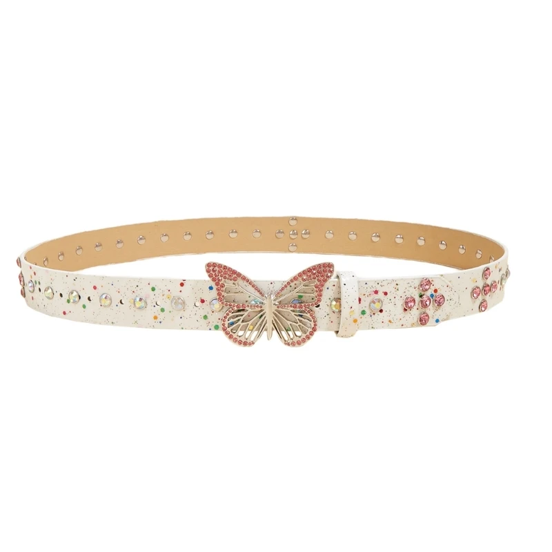 MXMB Punk Rhinestones Buckle Belts Woman Jeweled Butterfly Waist Belts Western Cowgirl 2000s Girls Belt for Jeans Men