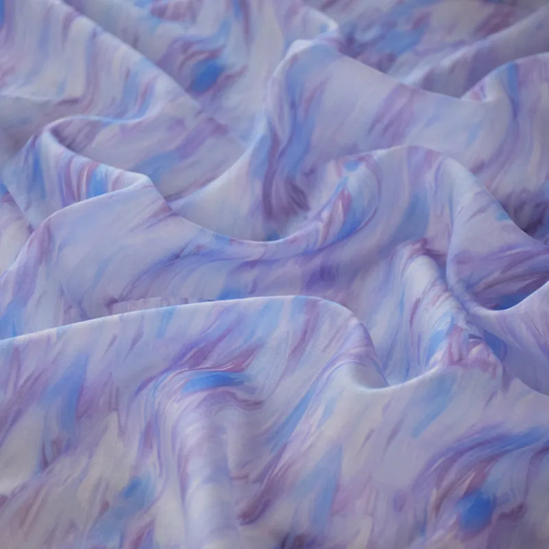 Digital Print Sky Silk Fabric for Shirt Dress, Cheongsam Han Cloth, Abstract Blue and Purple Smudge, High Quality, T2029