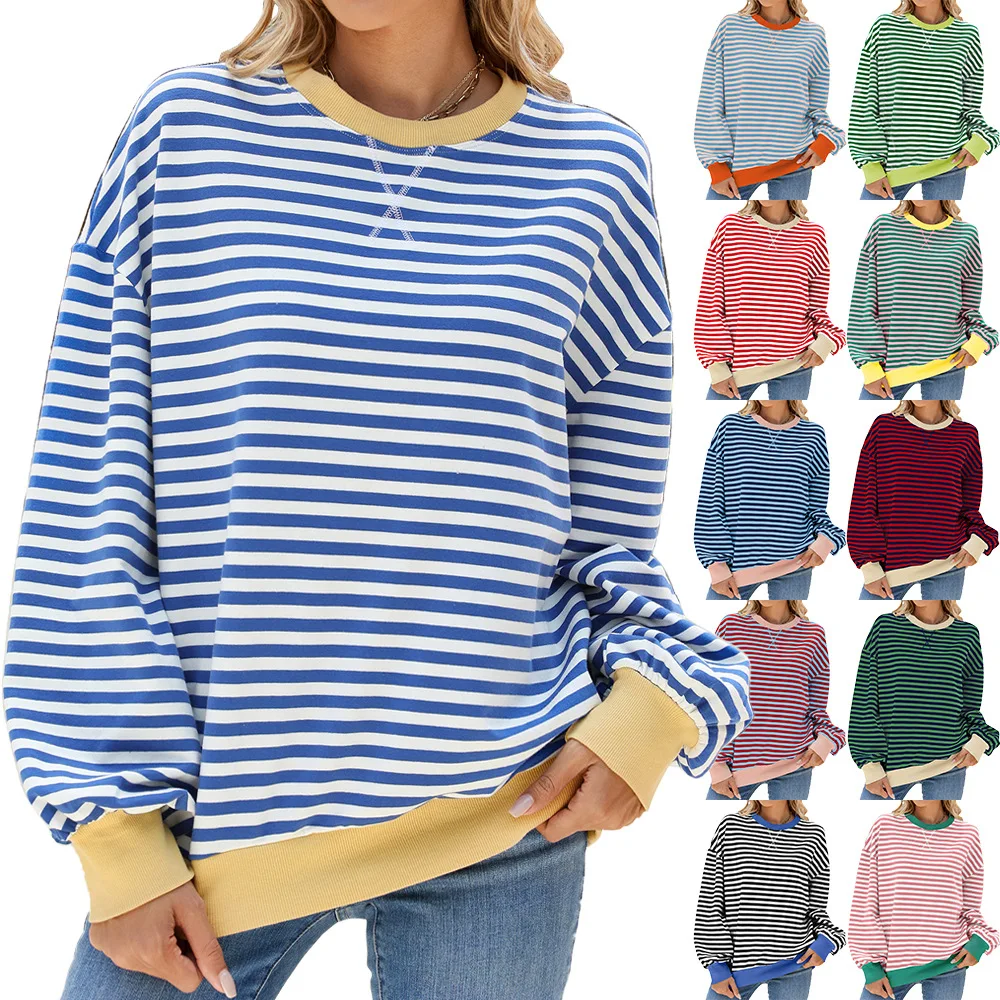 Autumn and Winter Comfortable Round Collar Color-Collision Stripe Loose Long Sleeve Sweatshirt Jacket Pullover Top Hoodies