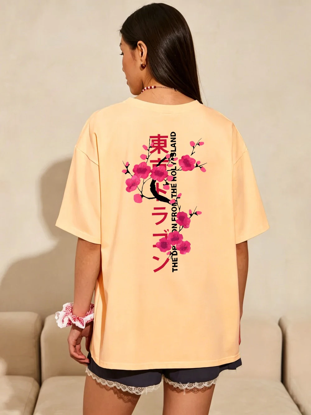 Summer T-Shirts Women Cotton Tokyo Sakura Dragon Prints Tops Loose O-Neck Soft Comfortable Short Sleeve Tees Basic Woman Clothes