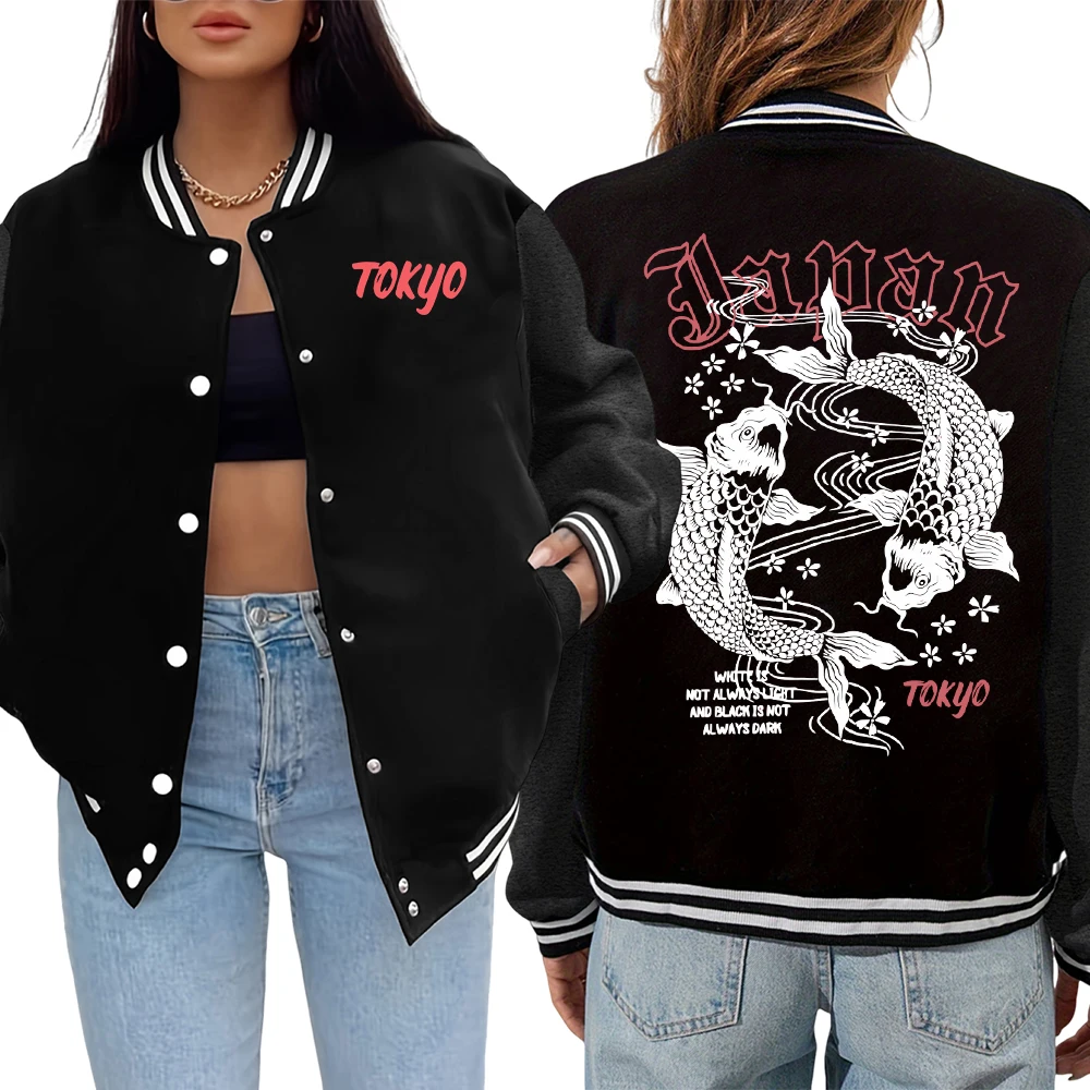 

Япония Токио Харадзюку Koi Fish Print Veste Женская осенняя универсальная куртка Модная уличная одежда в стиле хип-хоп Винтажная свободная бейсбольная майка