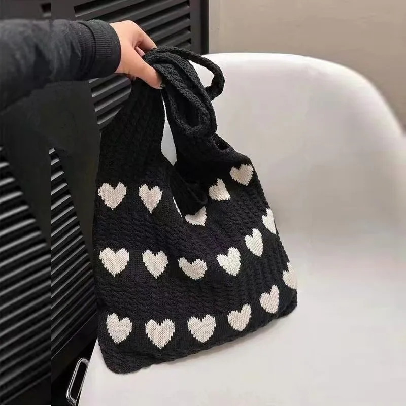 

Knitted Love Pattern Tote Bag, Stylish Woven Handbag Shoulder Bag for Women Party Work, Travel, Outdoor