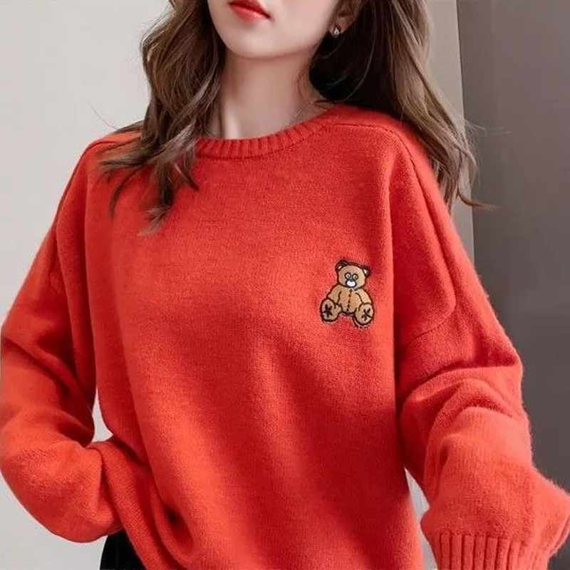 Autumn Winter Fashion Solid Color Bear Sweaters New Long Sleeve All-match O-collar Casual Loose Bottoming Knitting Shirt 2022