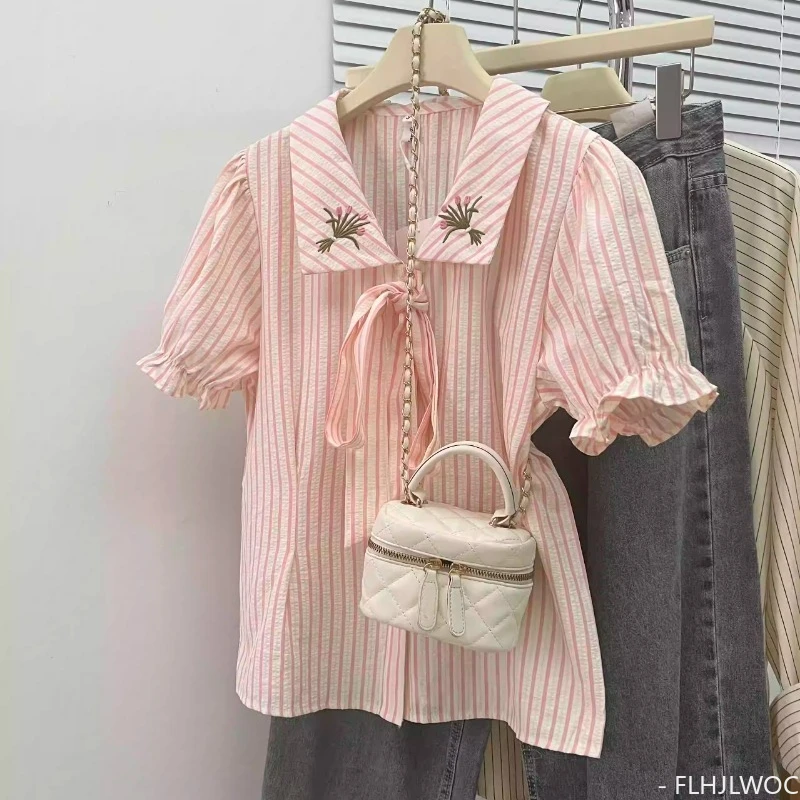 Blusa listrada rosa para mulheres, tops chiques de algodão do Japão e Coreia, estilo preppy de gravata borboleta, roupas doces fofas, verão