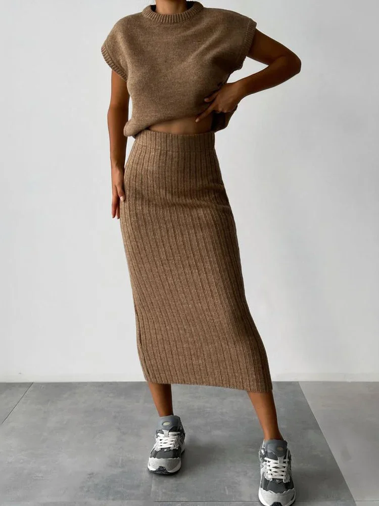 Tossy Knit Sweater 2 Piece-Set Women Loose Ribbed Sleeveless Pullover And High Waist Long Skirt Outfits Knitwear Women's Sets