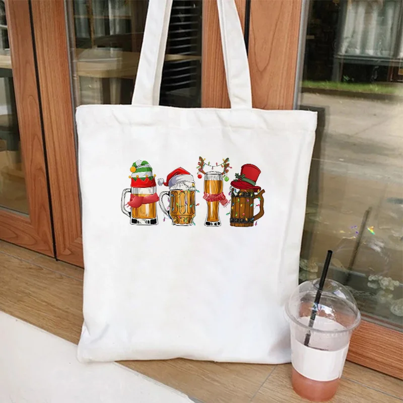 Merry Christmas Shopping Bag Christmas Beer Christmas Lights  Printed Canvas Large Capacity Shoulder Bag New Year Christmas Gift