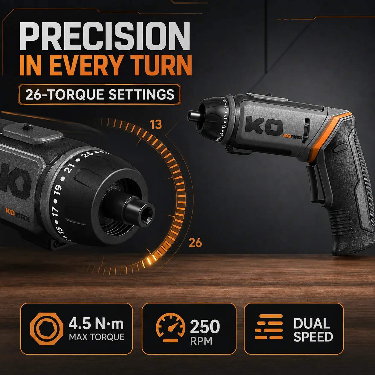 26-Setting Cordless Electric Screwdriver, 4.5N·m Torque, 250RPM, Dual Speed, 90° Transforming Handle, Bit Kit