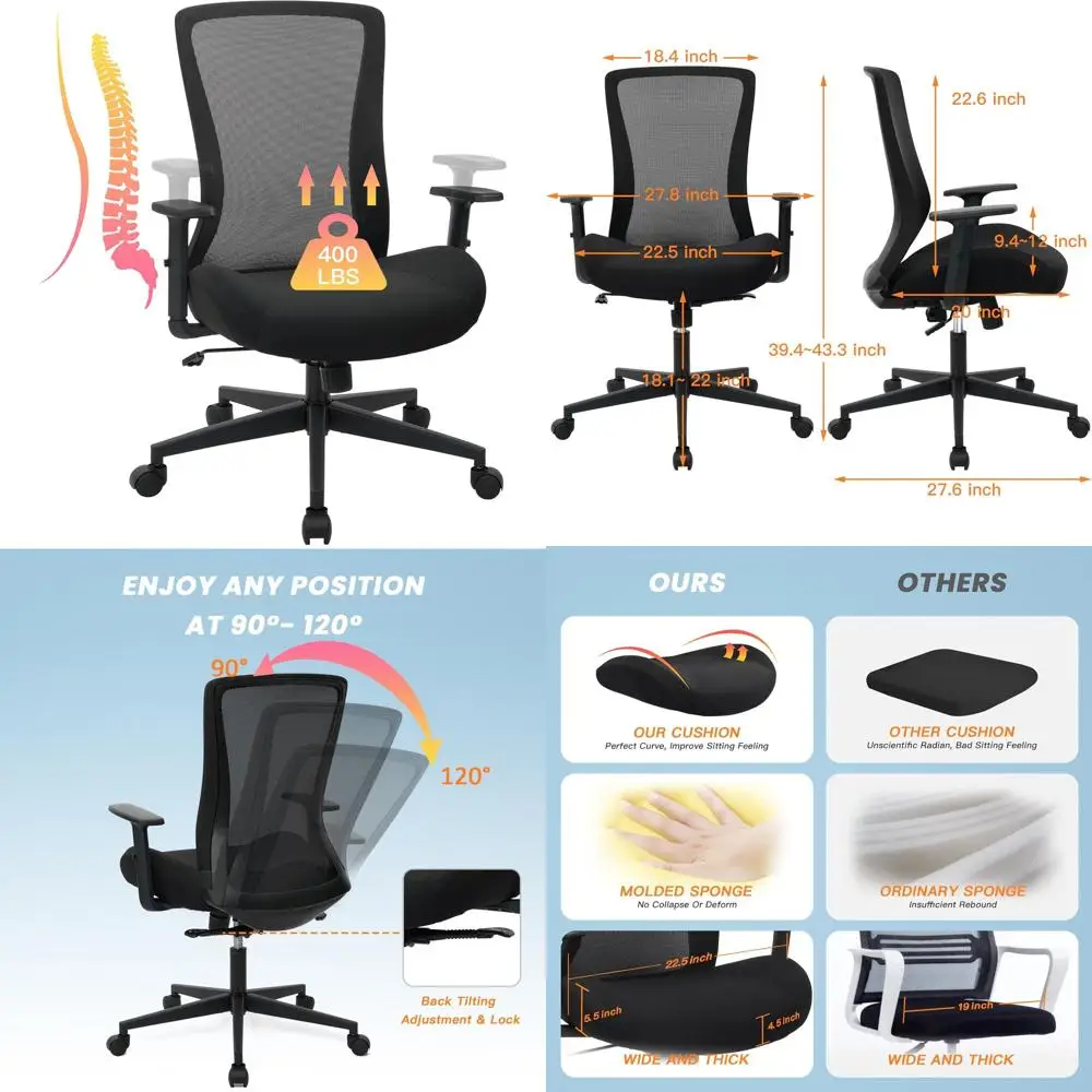 

Эргономичное сетчатое кресло большой емкости на 400 фунтов, широкое настольное сиденье с поясничной опорой и регулируемыми функциями