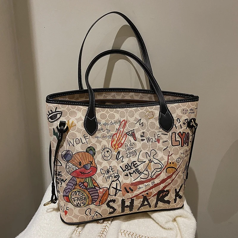 

Женские сумки-тоут, кожаные сумки высокого качества, деловые сумки для хранения вещей, большая сумка с художественным граффити, сумка с принтом медвежонка, сумки на плечо