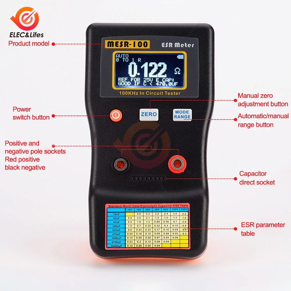 MESR-100 ESR Capacitance Ohm Meter Professional Measuring Capacitance Resistance Capacitor Circuit Tester Capacitor Tester