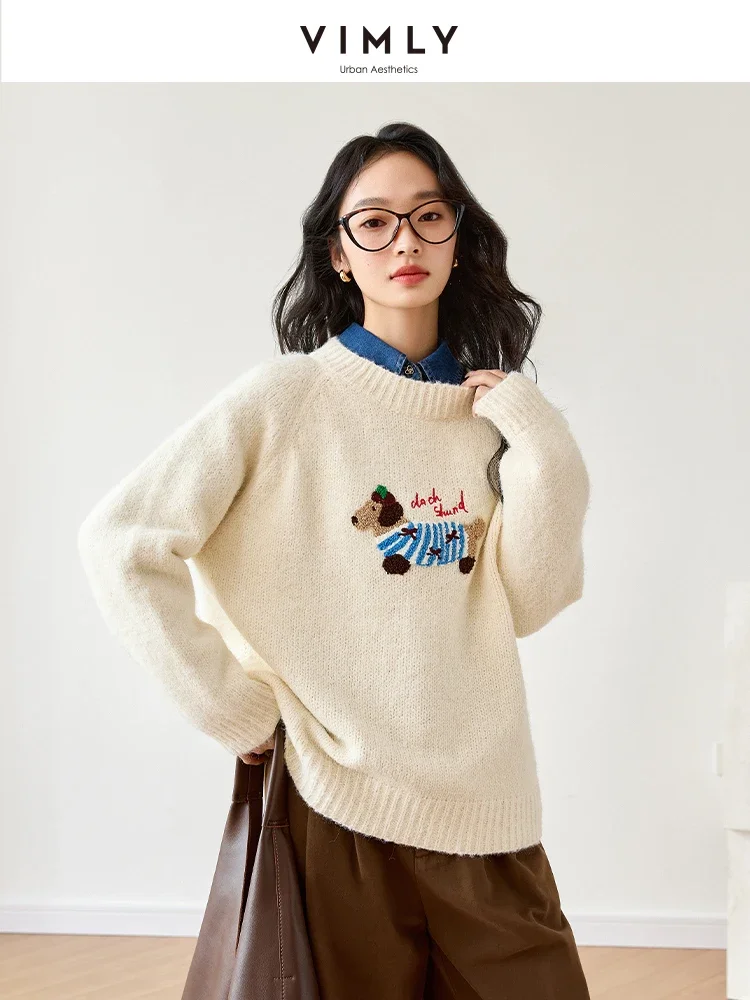 VIMLY Women Winter Simple Casual Dog Embroidery Sweater Basic Style O neck Warm Knit Christmas Pullovers Female Office Lady Top