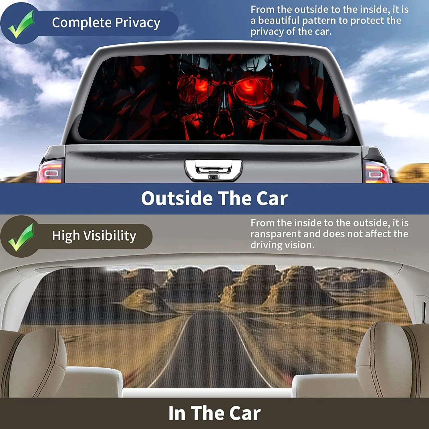 Dark Devil Skull Car Rear Window Decal Fit Pickup,Truck,Car Universal See Through Perforated Back Window Vinyl Sticker