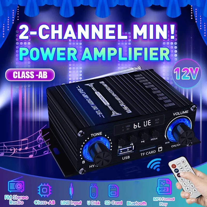 

B03B-цифровой Bluetooth-усилитель 12 В для дома и автомобиля, 2-канальный HIFI звуковой динамик, FM-ресивер, мини-аудиоусилитель Class-AB AMP