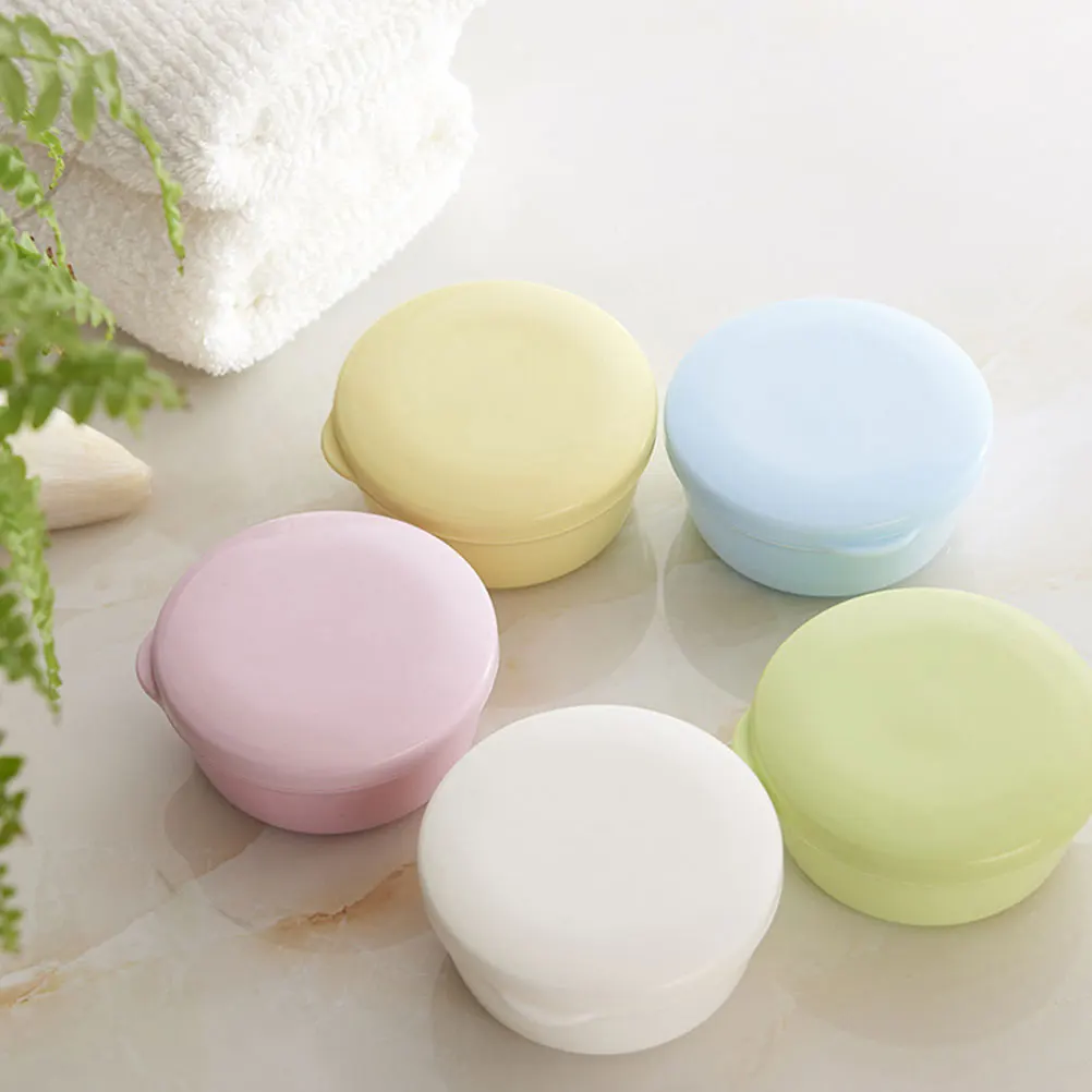 

4PCS Household Soap Boxes Round Plastic Soap Holder Soap Dish with Lid and Draining Plate for Home Dorm ( Color)