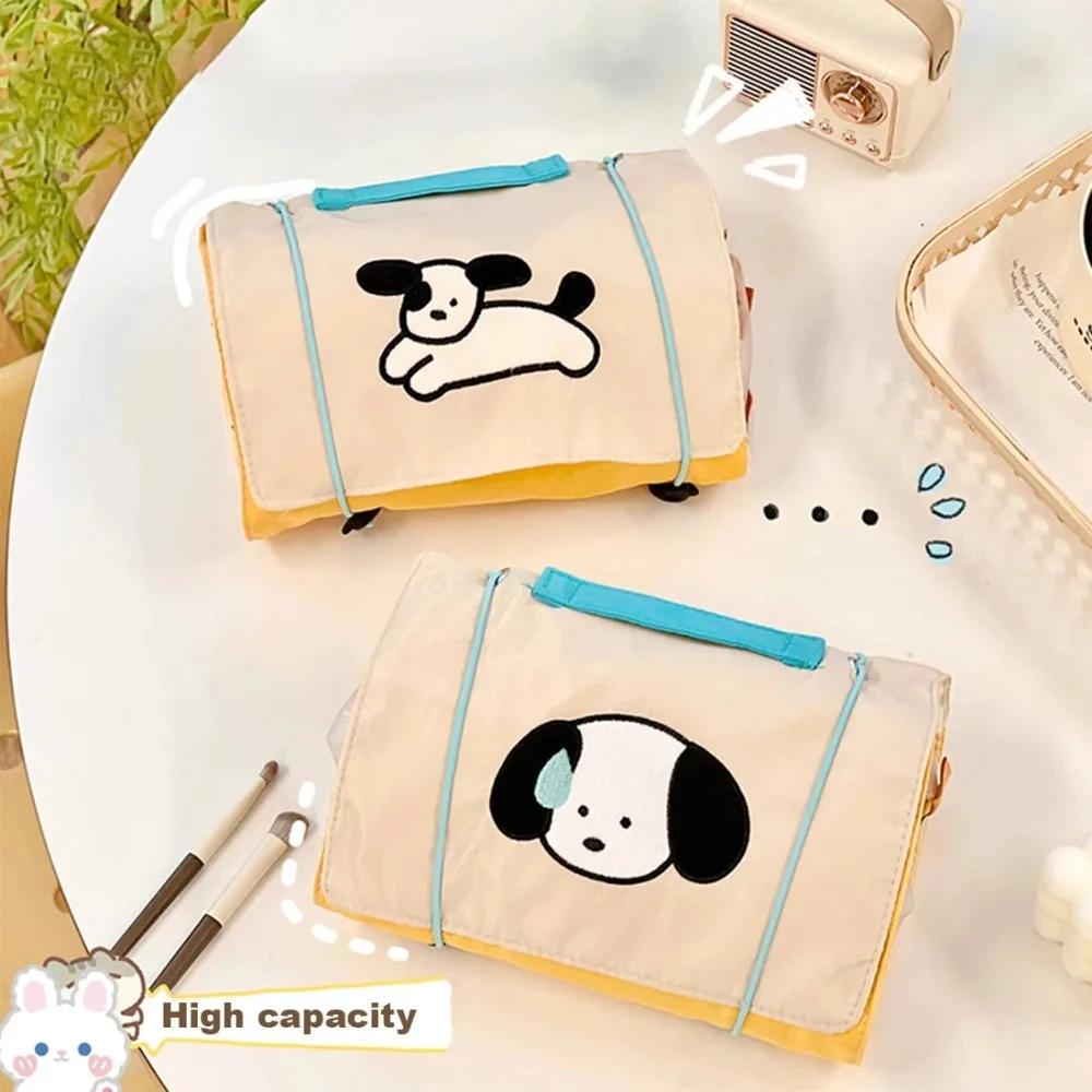 Foldable Cartoon Dog Cosmetic Bag Large Capacity Drawstring Makeup Organizer Mesh Zipper Detachable Storage Bag Women