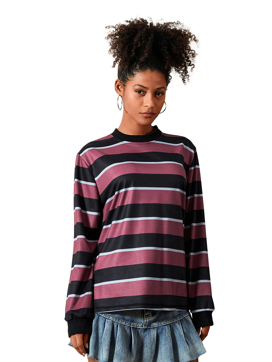 

Women s Striped T-Shirt Contrast Color Long Sleeve Round Neck Fall Casual Pullover Tops