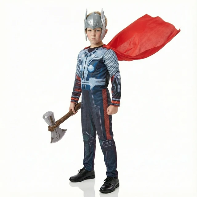 Kostium Thor dla dzieci, peleryna superbohatera z maską, kombinezon na Halloween, imprezę cosplay, przebranie dla chłopców i dziewcząt, strój świąteczny z plastikowym młotem.