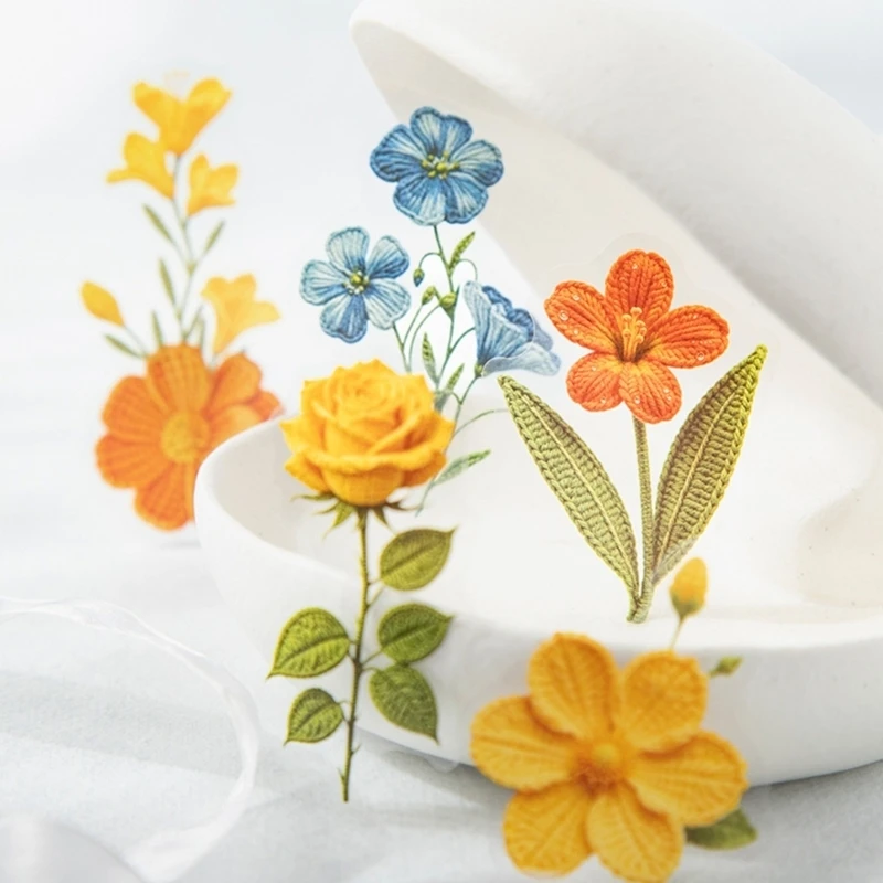 PET Flower Journal Labels Set, 15 Designs 30 Sheets, Crochet Flower Paper Craft Pack for Journals, Cards and Scrapbooks 896C