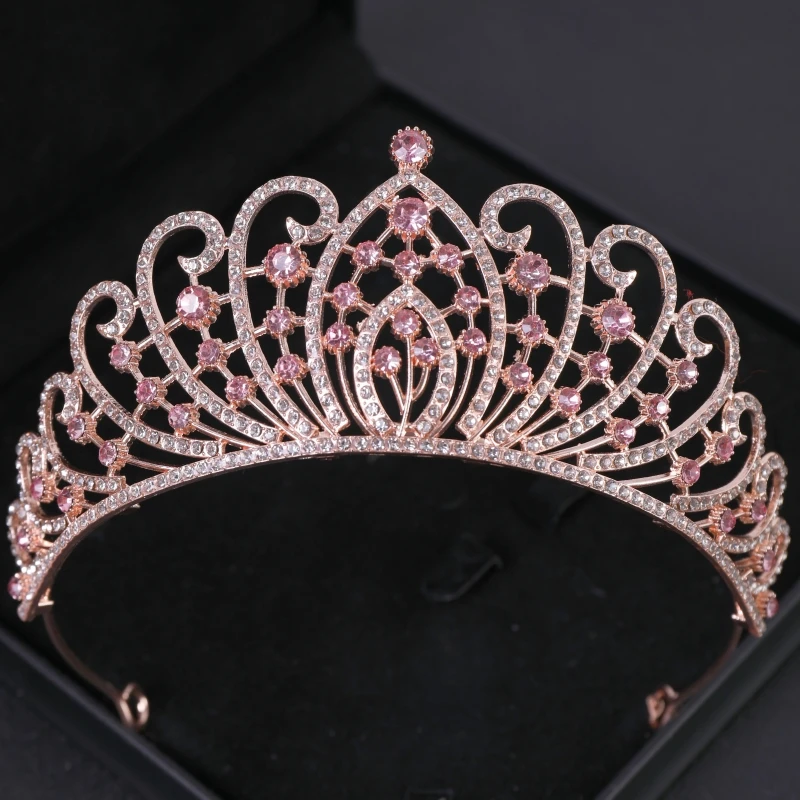 فاخر الوردي كريستال تاج تيارا للنساء حفلة الإكليل التيجان والتيجان الزفاف حفل زفاف إكسسوارات الشعر مجوهرات خوذة