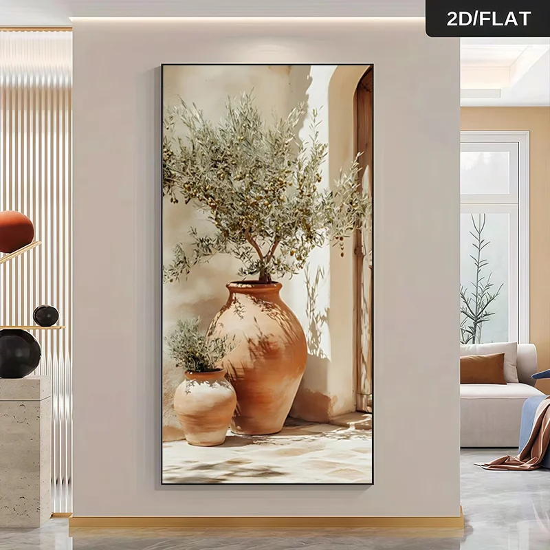 2D Flat Wall Art ,  Modern Abstract Design That Depicts an Olive Tree in a Large Terracotta Pot. Home Living Room Decor, No Fram
