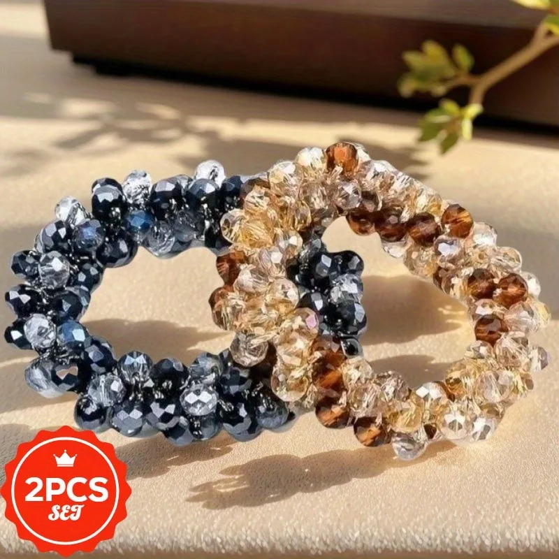 

2Pcs/set Glitter Hair Ties with Crystals - Shiny Hair Bands for Women, Elegant Ponytail Holders for Daily Use