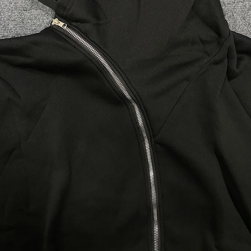 قبعة معالج جماليات غير متماثلة داكنة بأكمام طويلة مع قلنسوة على الطراز القوطي عالي الشارع للترفيه الأمريكي هاراجوكو معطف فضفاض بسحاب للنساء